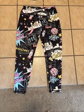 Women’s Black Comic-Print Leggings with Pastel Accents